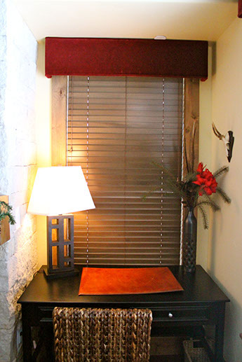 Soft valances  and cornice boards, red shades and wood